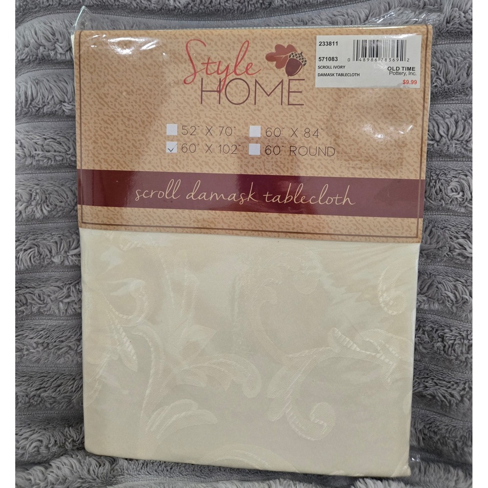 Style HOME Ivory Scroll Damask Tablecloth 60 x 102 Oblong Polyester NEW